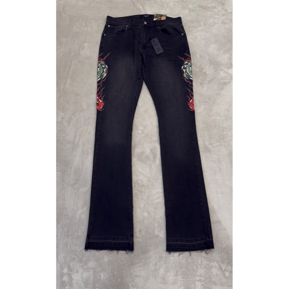 Ed Hardy Jeans Men 30 Black New Graphic Snake Gold Logo Flare MEHD8303-4
